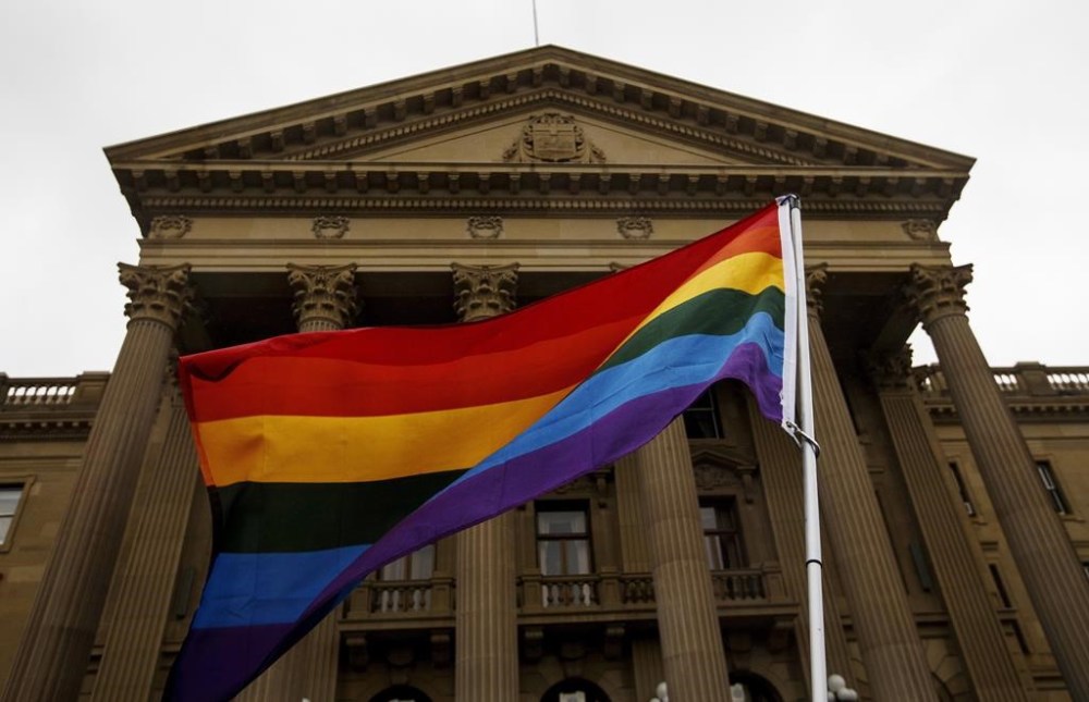 Protestors take part in a Gay Straight Alliance rally at the Alberta Legislature in Edmonton on Wednesday June 19, 2019. Alberta Premier Danielle Smith has announced changes to rules surrounding transgender youth. THE CANADIAN PRESS/Jason Franson