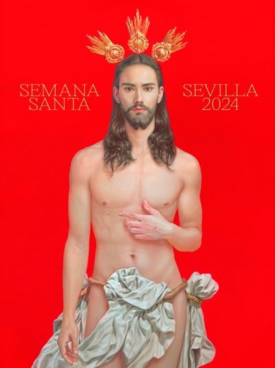 In this photo released by the Consejo de Hermandades de Sevilla on Friday Feb. 2, 2014, the Seville 2024 poster for the religious Easter Holy Week is pictured in this hand out photo. The poster by internationally recognized Seville artist Salustiano Garcia Cruz depicts a young, handsome, fit and fresh-faced Jesus wearing a shroud as loincloth. There is no crown of thorns, no suffering face and just two tiny stab wounds on the hand and ribcage. It could be the cover for a stylish fashion magazine. (Consejo de Hermandades de Sevilla via AP)