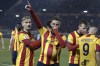 Lecce's Remi Oudin, center, celebrates their side's first goal of the game during the Italian Serie A soccer match between Lecce and Fiorentina at the Via del Mare Stadium in Lecce, Italy, Friday, Feb. 2, 2024. (Giovanni Evangelista/LaPresse via AP)