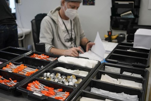 FILE - Supplies for drug users are seen at an overdose prevention center, OnPoint NYC, in New York, Feb. 18, 2022. The city of Providence, Rhode Island, on Thursday, Feb. 1, 2204, has approved the first state-sanctioned safe injection site, a place where people can use heroin and other illegal drugs and be revived if they overdose. The Providence site is the first sanctioned by the state and joins two other safe injection sites in New York that are already open. (AP Photo/Seth Wenig, File)
