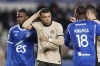 PSG's Kylian Mbappe, centre, reacts during the French League One soccer match between Strasbourg and Paris Saint-Germain at Stade de la Meinau stadium in Strasbourg, France, Friday, Feb. 2, 2024. (AP Photo/Jean-Francois Badias)
