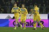 Frosinone's Matias Soule', left, celebrates scoring his side's opening goal during the Italian soccer match between Frosinone and AC Milan, at the Benito Stirpe Stadium in Frosinone, Italy, Saturday, Feb. 3, 2024. (Alessandro Garofalo/LaPresse via AP)