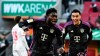 Munich's Alphonso Davies, left, celebrates scoring with teammate Jamal Musiala during the Bundesliga soccer match between FC Augsburg and Bayern Munich at the WWK-Arena, Augsburg, Germany, Saturday Jan. 27, 2024.&nbsp;Davies suffered a ligament strain in his left knee during Bayern’s Munich's 3-1 Bundesliga win over visiting Borussia Moenchengladbach on Saturday. THE CANADIAN PRESS/Sven Hoppe/dpa via AP