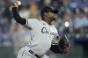 FILE - Chicago White Sox relief pitcher Gregory Santos throws during the eighth inning of a baseball game against the Kansas City Royals Wednesday, Sept. 6, 2023, in Kansas City, Mo. The Chicago White Sox traded reliever Gregory Santos to the Seattle Mariners on Saturday, Feb. 3, 2024 for two minor leaguers and a draft pick. (AP Photo/Charlie Riedel, File)