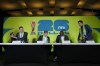 Former Dallas Mavericks player Dirk Nowitzki, left, former FC Dallas player Paxton Pomykal, center left, former Dallas Cowboys player Emmitt Smith, center right, and former Dallas Stars player Marty Turco speak after the match schedule was revealed for soccer's FIFA World Cup 2026 at AT&T Stadium in Arlington, Texas, Sunday, Feb. 4, 2024. (AP Photo/LM Otero)