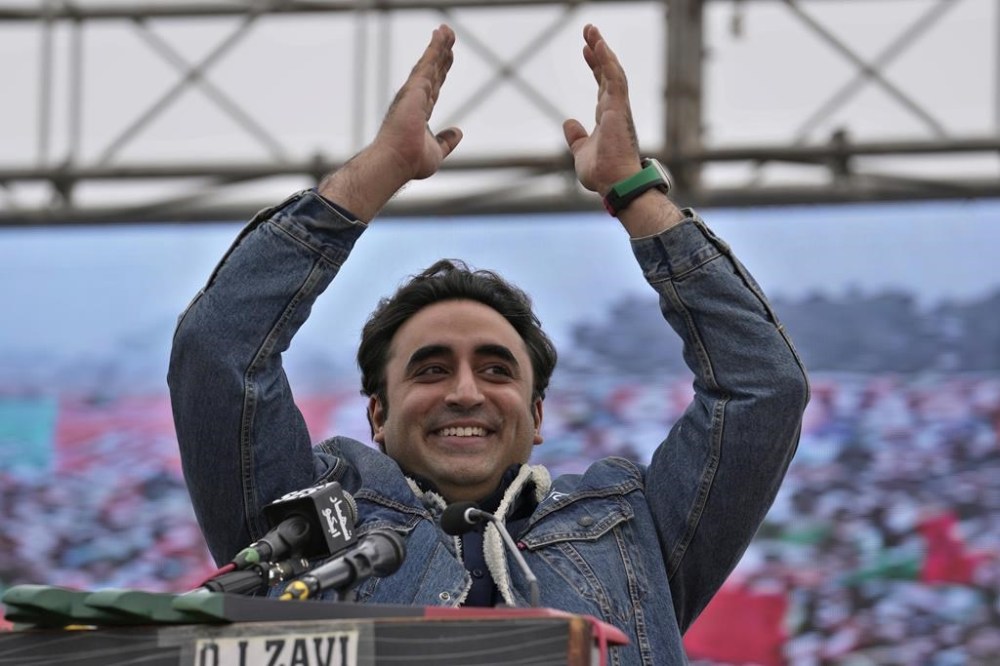 FILE - Bilawal Bhutto Zardari, Chairman of Pakistan People's Party, cheers for his supporters during an election campaign rally, in Bhalwal, Pakistan, Wednesday, Jan. 24, 2024. Pakistan is holding elections for a new parliament on Thursday. No less than 44 political parties are vying for a share of the 266 seats that are up for grabs in the National Assembly, or the lower house of parliament, with an additional 70 seats reserved for women and minorities. (AP Photo/Anjum Naveed, File)