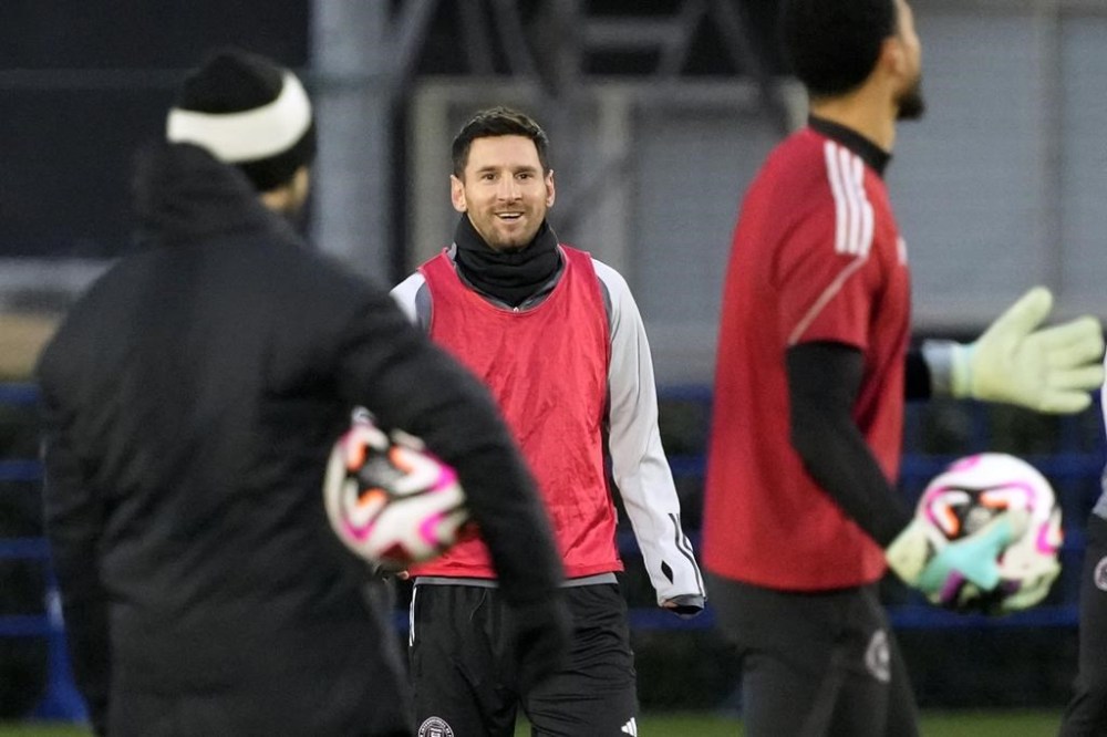 Inter Miami's Lionel Messi smiles during a training session Tuesday, Feb. 6, 2024, in Chiba, near Tokyo. Inter Miami is facing Vissel Kobe in a friendly soccer match Wednesday. (AP Photo/Eugene Hoshiko)