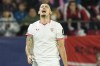 FILE - Sevilla's Lucas Ocampos shouts after receiving a red card by the referee during the Champions League Group B soccer match between Sevilla and PSV at the Ramon Sanchez-Pizjuan stadium in Seville, Spain, on Nov.29, 2023. Lucas Ocampos was getting ready for a throw in past the half-hour mark at Vallecas Stadium when the fan — apparently a minor — reached out and poked his backside. The Argentine winger turned to argue with the young fan and then called the referee over. (AP Photo/Jose Breton)