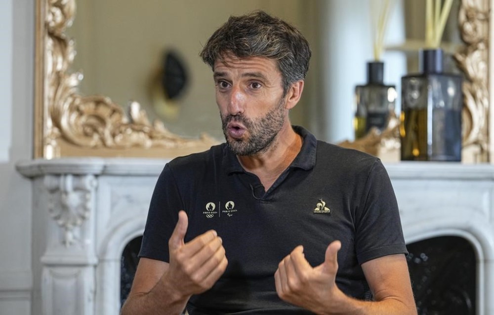 FILE - Tony Estanguet, head of the organizing committee of the Paris 2024 Games, gestures as he speaks during an interview with The Associated Press in Paris, Friday, Aug. 25, 2023. The Paris Games' organizing committee expressed surprise Tuesday Feb.6, 2024 at a report that the French National Financial Prosecutor's Office has opened an investigation into the remuneration conditions of its president (AP Photo/Michel Euler, File)