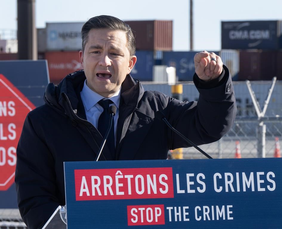 Federal Conservative Party leader Pierre Poilievre speaks about his car theft policy during a news conference at the Port of Montreal on Tuesday, February 6, 2024.THE CANADIAN PRESS/Ryan Remiorz