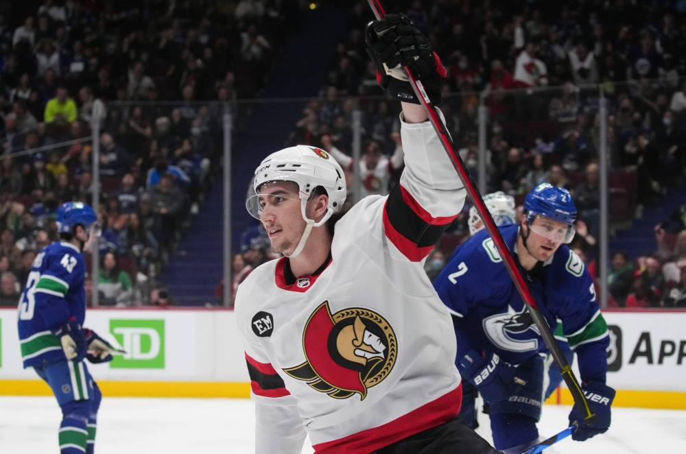 Darryl Dyck / Canadian Press Files
Former NHLer Alex Formenton is the first of five 2018 world junior hockey players to report to London, Ont. police to face sexual assault charges. He’s shown here celebrating a goal during the third period of a 2022 NHL hockey game in Vancouver, B.C.