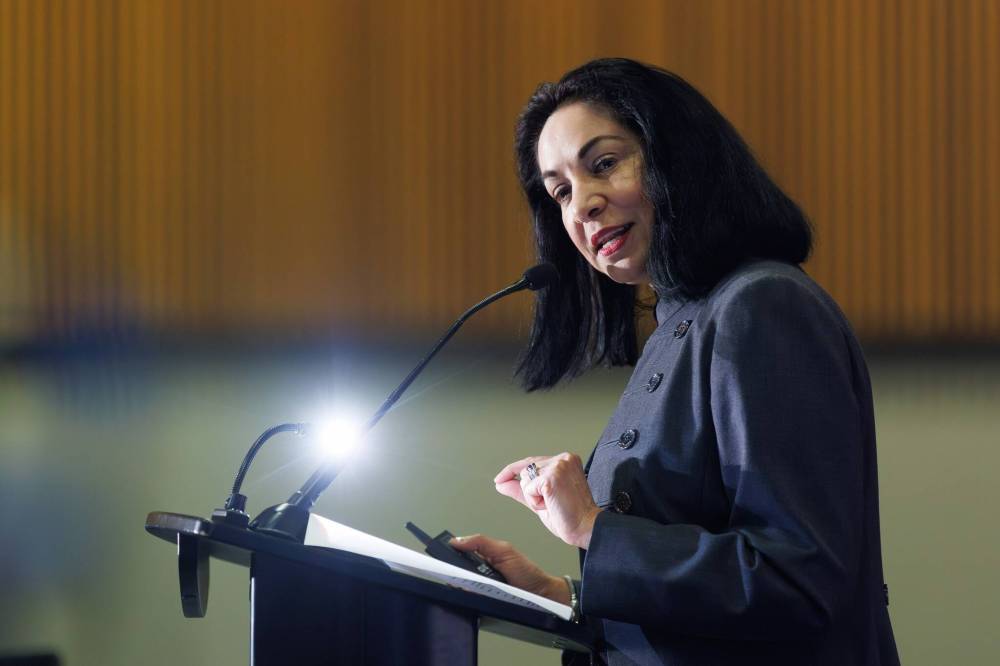 Jay Grewal, President & CEO of Manitoba Hydro, speaks during the first Manitoba Chamber of Commerce MBiz Breakfast of the season at the RBC Convention Centre Tuesday morning. (Mike Deal / Winnipeg Free Press)