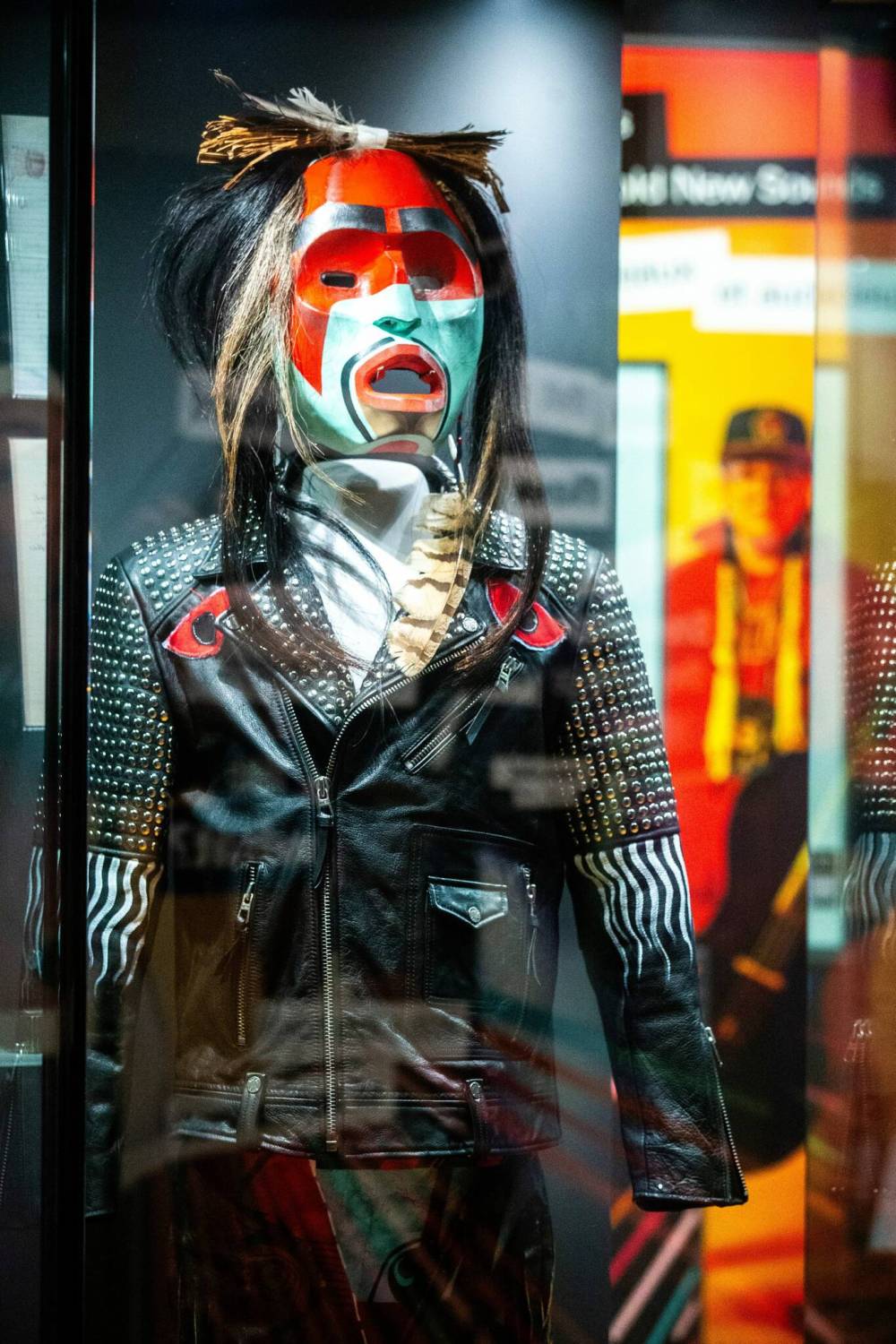 MIKAELA MACKENZIE / WINNIPEG FREE PRESS
                                The Northwest Coast mask and leather jacket worn by Snotty Nose Rez Kids' Darren Metz at the 2022 Juno Awards.