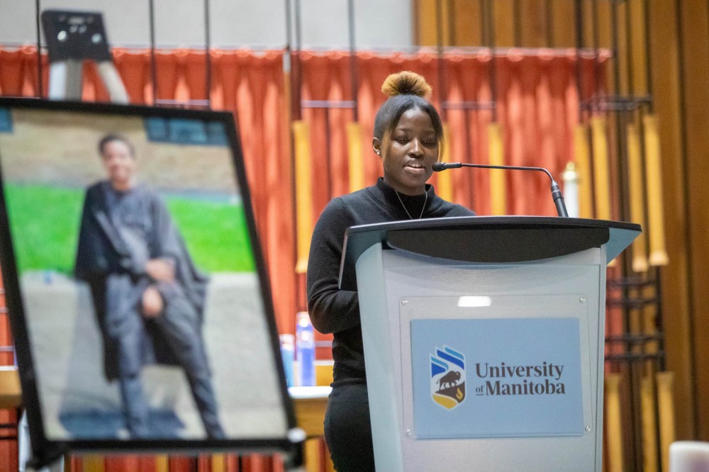 BROOK JONES / WINNIPEG FREE PRESS
Tracy Karuhogo, president of the University of Manitoba Students' Union, speaks during a vigil for Afolabi Stephen Opaso inside the Chapel of St. John the Evangelistat at St. John's College at the University of Manitoba Friday night.