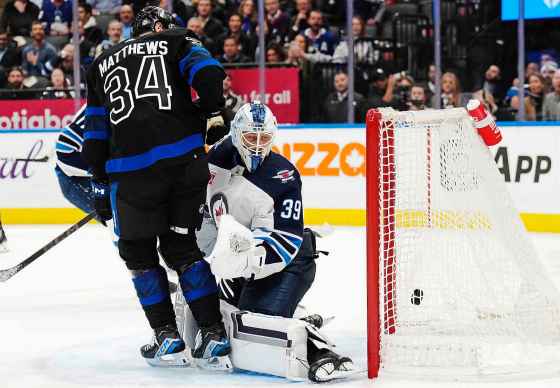 Toronto Maple Leafs forward Auston Matthews (34) scores on Winnipeg Jets goaltender Laurent Brossoit (39) during overtime NHL hockey action in Toronto on Wednesday. (Nathan Denette / The Canadian Press files)