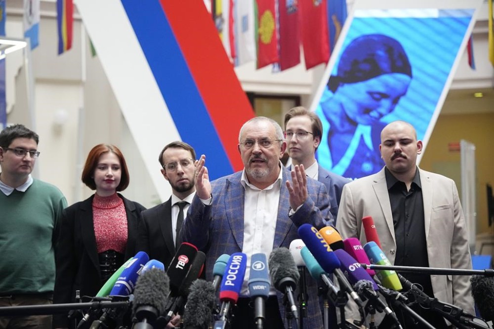 Boris Nadezhdin, a liberal Russian politician who is seeking to run in the March 17 presidential election, centre, speaks to journalists after a meeting of the Russia's Central Election Commission in Moscow, Russia, Thursday, Feb. 8, 2024. Russia's main election authority on Thursday refused to allow Boris Nadezhdin, opposing Moscow's military action in Ukraine on the ballot for the upcoming presidential election. (AP Photo/Alexander Zemlianichenko)