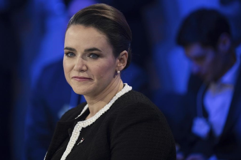 Hungary's President Katalin Novák attends the 54th annual meeting of the World Economic Forum, WEF, in Davos, Switzerland, Wednesday, January 17, 2024. (Gian Ehrenzeller/Keystone via AP)