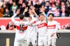 Stuttgart's Maximilian Mittelstadt, 2nd right, celebrates scoring with teammates Pascal Stenzel, left, Atakan Karazor, 2nd left, and Hiroki during the Bundesliga soccer match between VfB Stuttgart and FSV Mainz 05 at MHPArena, Stuttgart, Germany, Sunday Feb. 11, 2024. (Harry Langer/dpa via AP)