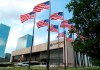 FILE - Flags fly in front of the Lakewood Church in Houston, June 28, 2005. Police in Texas said Sunday, Feb. 11, 2024, that they were responding to a possible shooting at the Houston megachurch run by celebrity pastor Joel Osteen. (AP Photo/Pat Sullivan, File)