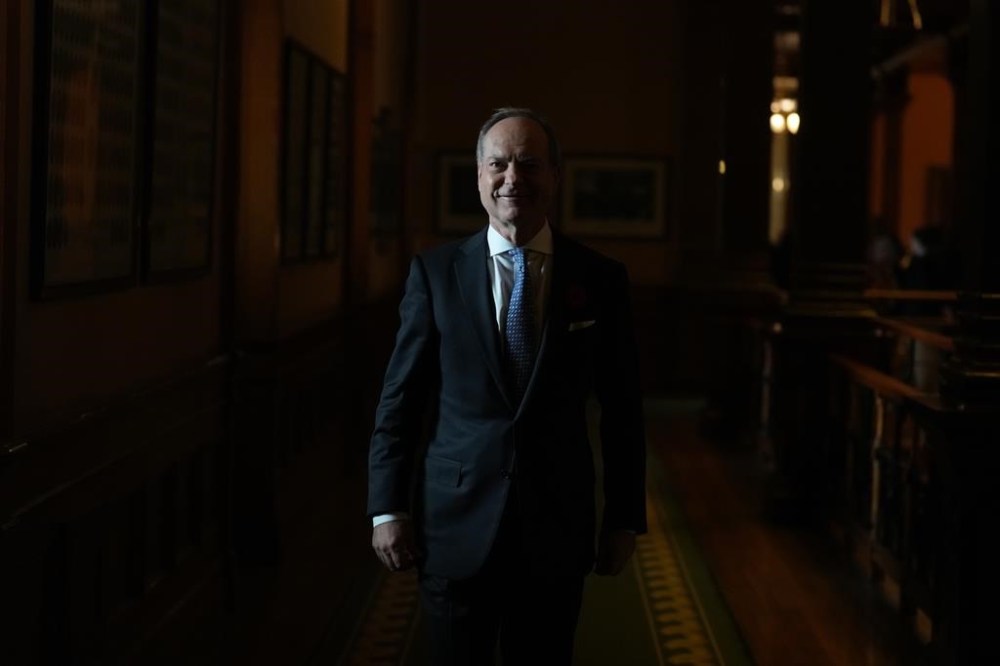 Ontario Finance Minister Peter Bethlenfalvy walks to a meeting at Queen's Park in Toronto on Thursday, Nov. 2, 2023. Ontario is projecting that it will end this fiscal year with a $4.5-billion deficit, while also hanging onto a large contingency fund. THE CANADIAN PRESS/Chris Young