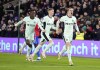 Chelsea's Conor Gallagher celebrates scoring his side's first goal of the game, during the English Premier League soccer match between Crystal Palace and Chelsea, at Selhurst Park, in London, Monday, Feb. 12, 2024. (John Walton/PA via AP)