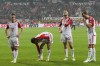 Bayern's Joshua Kimmich, from left, Leroy Sane, Eric Dier and Harry Kane react after the German Bundesliga soccer match between Bayer 04 Leverkusen and FC Bayern Munich at the BayArena in Leverkusen, Germany, Saturday, Feb. 10, 2024. (AP Photo/Martin Meissner)