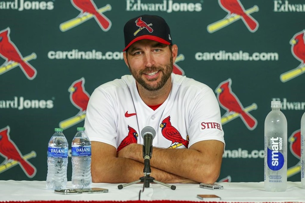 FILE - St. Louis Cardinals' Adam Wainwright speaks to the media after the teams baseball game against the Cincinnati Reds Sunday, Oct. 1, 2023, in St. Louis. Retired St. Louis Cardinals All-Star pitcher Adam Wainwright joined the MLB Network as an on-air analyst. Wainwright will make his debut on opening day, March 28, the network said Tuesday, Feb. 134, 2024.(AP Photo/Scott Kane, File)