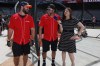 FILE - Colorado Rockies television announcer Jenny Cavnar, right, jokes with Vinny Castilla, center, special assistant to the Rockies general manager, and Denver Broncos fullback Andy Janovich, June 11, 2019, in Denver. Cavnar is the new primary play-by-play announcer for the Oakland Athletics, hired by NBC Sports California. The company made the announcement Tuesday, Feb. 13, 2024. (AP Photo/David Zalubowski, File)