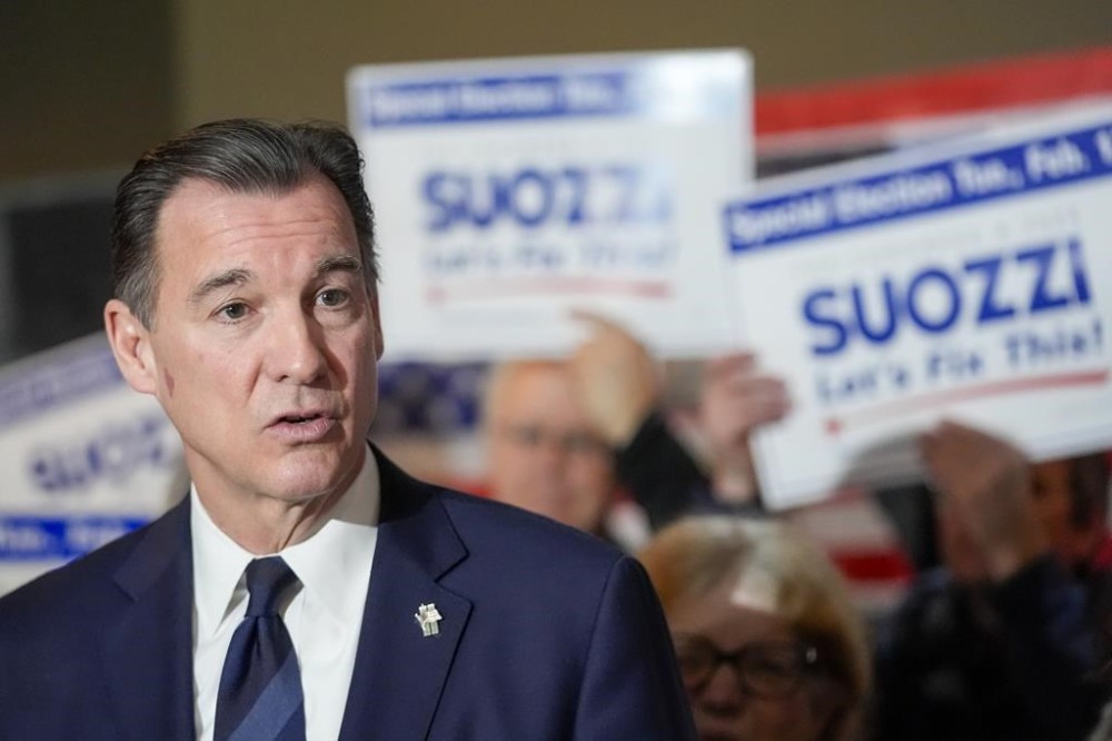 Former U.S. Rep. Tom Suozzi speaks during a campaign canvass kick off event, Sunday, Feb. 11, 2024, in Plainview N.Y. The race to replace disgraced former Rep. George Santos pits Democrat congressional candidate Suozzi against Republican Mazi Pilip in New York's 3rd district. (AP Photo/Mary Altaffer)