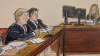 FILE - This artist sketch depicts former President Donald Trump, far left, pleading not guilty as the Clerk of the Court reads the charges and asks him 