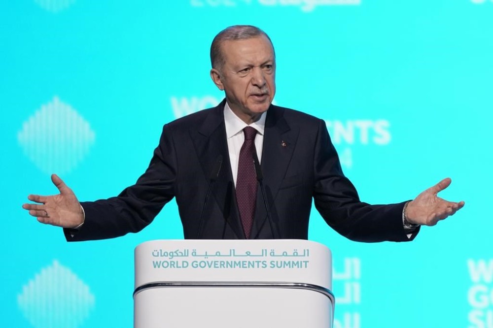 Turkish President Recep Tayyip Erdogan speaks during the World Governments Summit in Dubai, United Arab Emirates, Tuesday, Feb. 13, 2024. Turkish President Recep Tayyip Erdogan has offered a blistering criticism of Israel, demanding it immediately recognize an independent Palestinian state and halt its war in the Gaza Strip against Hamas. (AP Photo/Kamran Jebreili)