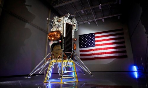 FILE - This photo provided by Intuitive Machines shows the company's IM-1 Nova-C lunar lander in Houston in October 2023. The company aims to launch the lander in mid-February 2024, on a SpaceX rocket. (Intuitive Machines via AP, File)