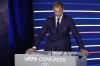 UEFA President Aleksander Ceferin delivers his speech during the 48th UEFA congress Thursday, Feb. 8, 2024 in Paris. (AP Photo/Christophe Ena)