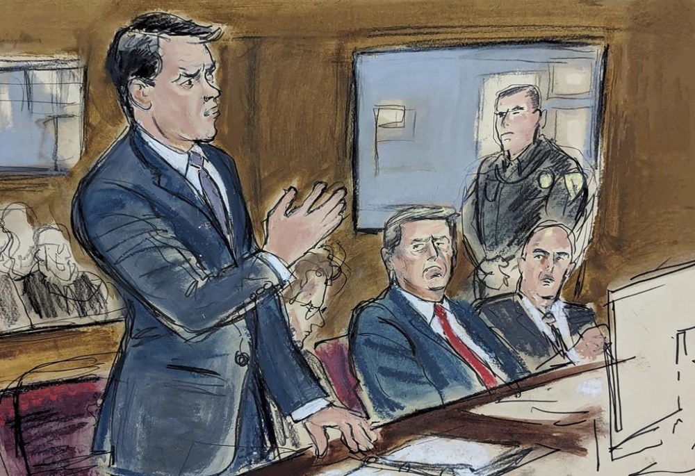 In this courtroom sketch, in New York, Thursday, Feb. 15, 2024, Donald Trump's attorney Todd Blanche, left, speaks to Judge Juan Manuel Merchan regarding a trial date delay as Trump, seated center, watches. Trump's New York hush-money case will start March 25, 2024, the first of his criminal trials. (Elizabeth Williams via AP)