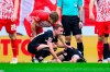 Frankfurt's Sasa Kalajdzic, bottom right, lies injured during the German Bundesliga soccer match between Freiburg and Eintracht Frankfurt at the Europa-Park Stadium in Freiburg, Germany, Sunday, Feb. 18, 2024. Eintracht Frankfurt forward Sasa Kalajdzic has been ruled out of action for months after tearing the cruciate and lateral ligaments in his right knee. (Tom Weller/dpa via AP)