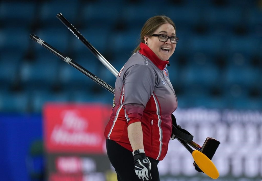Northwest Territories skip Kerry Galusha celebrates after defeating New Brunswick at the Scotties Tournament of Hearts, in Kamloops, B.C., on Saturday, February 18, 2023. Galusha (1-3) staged the largest comeback in the event's history to earn a first win. THE CANADIAN PRESS/Darryl Dyck