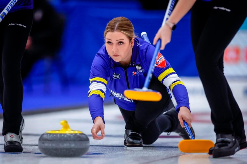 Team Alberta skip Selena Sturmay makes a shot as they play Team Quebec at the Scotties Tournament of Hearts in Calgary, Tuesday, Feb. 20, 2024. Sturmay stayed unbeaten at the Canadian women's curling championship with a fifth straight win Tuesday. THE CANADIAN PRESS/Jeff McIntosh