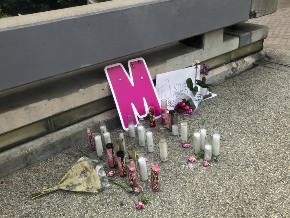 A street-side memorial for Maleesa Mooney, who was killed in her apartment, is displayed on Sept. 20, 2023, in downtown Los Angeles. On Wednesday, Feb. 21, 2024, a 41-year-old Minnesota man was arrested in connection with the September killing of Mooney, a model who was beaten, bound and stuffed inside the refrigerator of her downtown Los Angeles apartment, police say. (AP Photo/John Antczak)