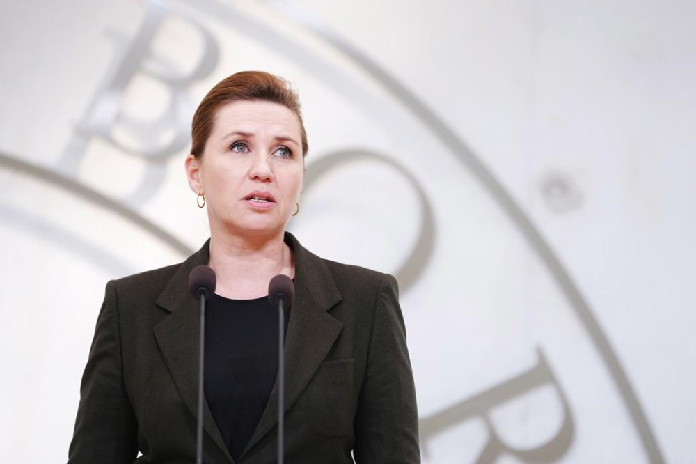 Danish Prime Minister Mette Frederiksen speaks during a press conference at Marienborg, northern Copenhagen, Thursday, Feb. 22, 2024. On Thursday, Denmark announced another military aid package to Ukraine of 1.7 billion kroner ($247 million) and to commit itself to support Ukraine militarily over the next decade. (Liselotte Sabroe/Ritzau Scanpix via AP)