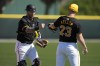 Pittsburgh Pirates catcher Yasmani Grandal, left, greets pitcher Mitch Keller (23) during a baseball spring training workout Tuesday, Feb. 20, 2024, in Bradenton, Fla. (AP Photo/Charlie Neibergall)