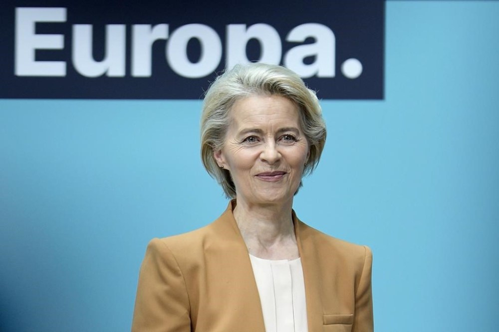 Ursula von der Leyen, President of the European Commission, is pictured during a press conference after a board meeting of the Christian Democratic Union (CDU) in Berlin, Germany, Monday, Feb. 19, 2024. Ursula von der Leyen announced her intention to run for a second term as EU commission president. (AP Photo/Markus Schreiber)
