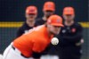 Baltimore Orioles pitcher Corbin Burnes throws live batting practice during spring training baseball workouts, Saturday, Feb. 17, 2024, in Sarasota, Fla. (AP Photo/Gerald Herbert)