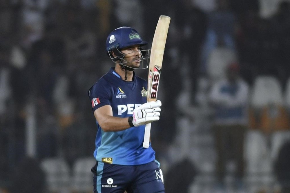 Multan Sultans' Reeza Hendricks celebrates after scoring fifty during the Pakistan Super League T20 cricket match between Multan Sultans and Islamabad United in Multan, Pakistan Tuesday, Feb. 20, 2024. (AP Photo/M. Khan)