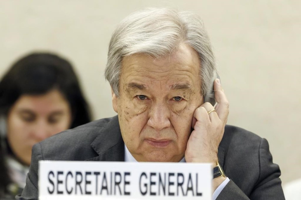 U.N. Secretary-General Antonio Guterres listens to a speech, during the opening of the High-Level Segment of the 55th session of the Human Rights Council at the European headquarters of the United Nations in Geneva, Switzerland, Monday, Feb. 26, 2024. (Salvatore Di Nolfi/Keystone via AP)