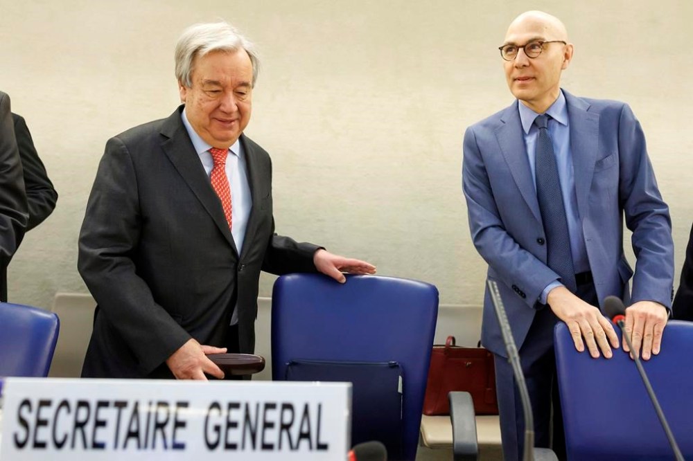 U.N. Secretary-General Antonio Guterres, left, and U.N. High Commissioner for Human Rights Volker Turk (Tuerk), right, arrive, prior the opening of the High-Level Segment of the 55th session of the Human Rights Council at the European headquarters of the United Nations in Geneva, Switzerland, Monday, Feb. 26, 2024. (Salvatore Di Nolfi/Keystone via AP)
