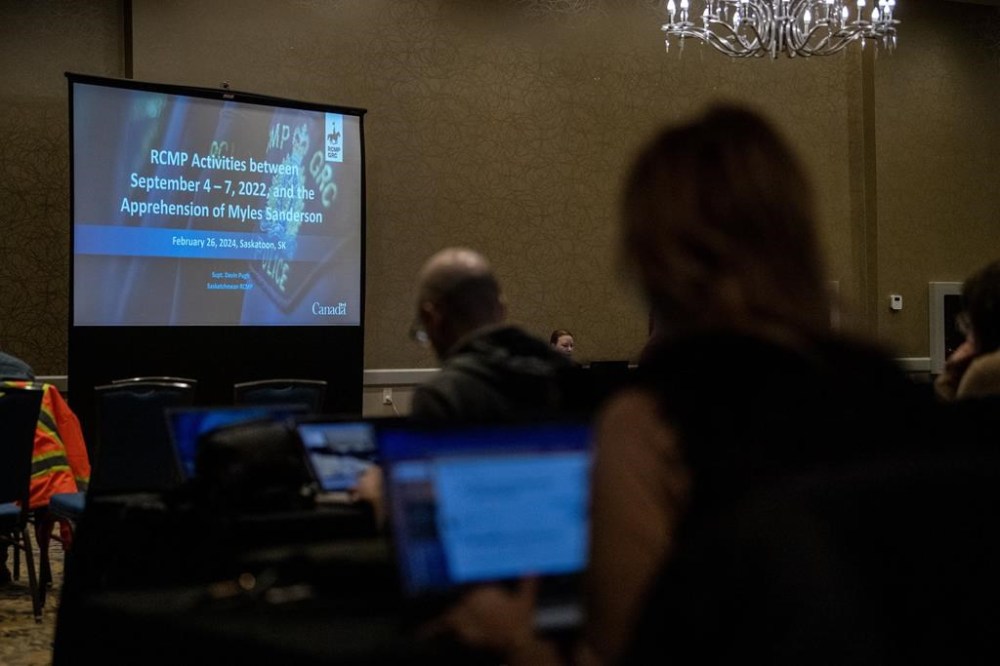 A hotel conference room being used for the inquest into the apprehension and death of Myles Sanderson, who killed 11 people and injured 17 others on the James Smith Cree Nation and the nearby community of Weldon back in September 2022, is shown in Saskatoon, Monday, February 26, 2024. THE CANADIAN PRESS/Liam Richards