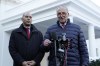 FILE - Senate Majority Leader Chuck Schumer of N.Y., right, and House Minority Leader Hakeem Jeffries of N.Y., talk to reporters outside the West Wing of the White House in Washington, Jan. 17, 2024, following a meeting with President Joe Biden. Biden is convening the top four congressional leaders at the White House on Feb. 27 to discuss the emergency aid package for Ukraine and Israel, as well as avoiding a government shutdown next month. (AP Photo/Susan Walsh, File)