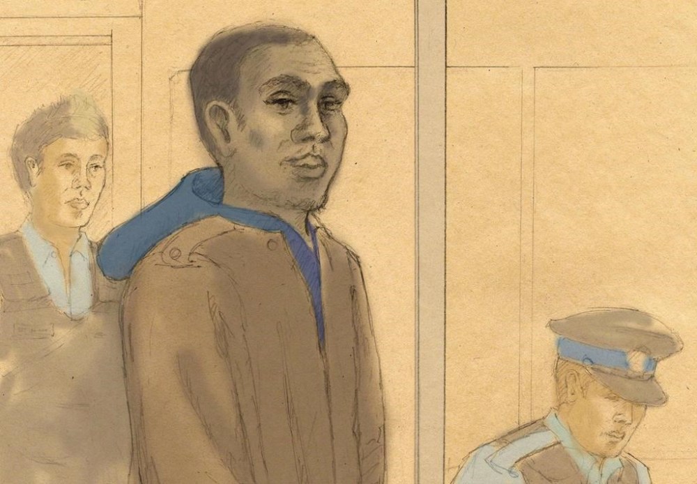 In this courtroom sketch, Christopher Husbands appears in court in Toronto on Monday, June 4, 2012. Ontario's top court has upheld the life sentences for a man who opened fire in Toronto's Eaton Centre mall in 2012, killing two people and leaving several others injured. THE CANADIAN PRESS/Tammy Hoy