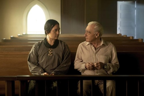 This image released by Apple TV+ shows Lily Gladstone, left, and director Martin Scorsese on the set of 
