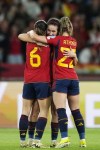 Spain's Mariona Caldentey, center, celebrates with Aitana Bonmati and Athenea after scoring her side's second goal during the Women's Nations League final soccer match between Spain and France at La Cartuja stadium in Seville, Spain, Wednesday, Feb. 28, 2024. (AP Photo/Jose Breton)
